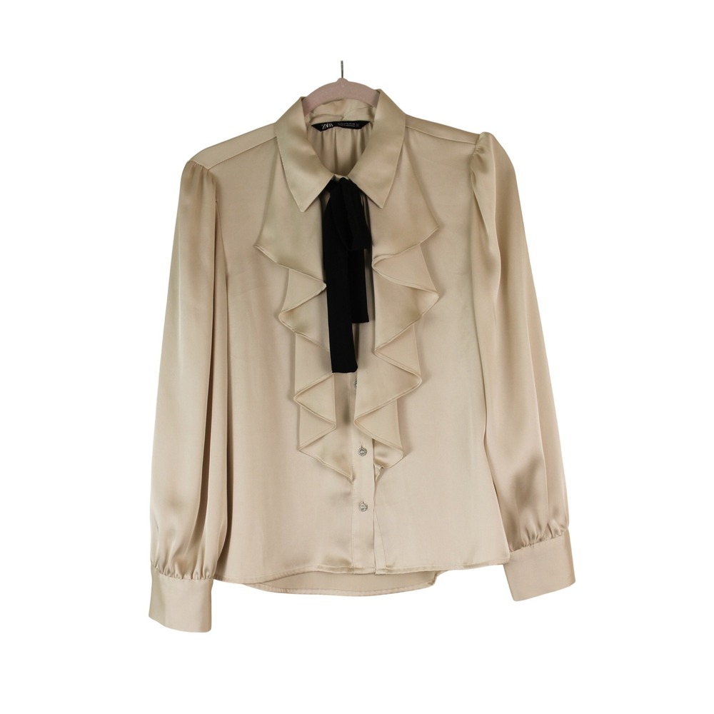 Zara Coquette Regalcore Ivory Satin Ruffle Button Up Neck Tie Blouse S